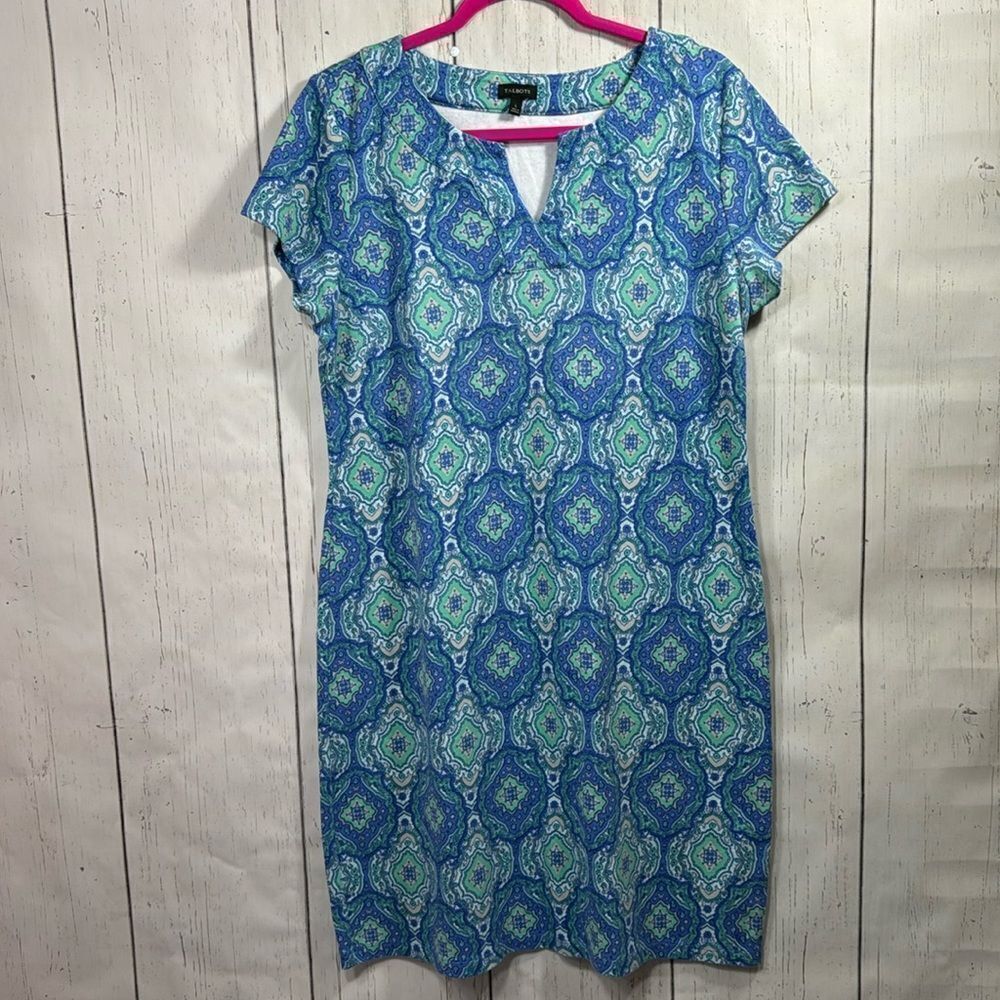 Talbots Blue Green Geometric Print Cotton Sheath Dress Size L Preppy Coastal